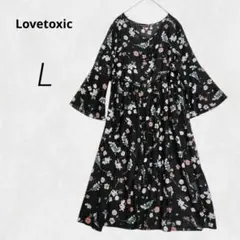 c3136【ラブトキシック】7分袖 ロングワンピース 黒 シアー 花柄 ブラック