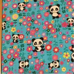 パンダ　花柄　ブルー　生地　ハギレ