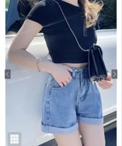 ロールアップヘムハイウエストデニムショートパンツ