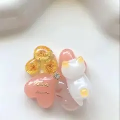 再販△】レジン ヘアゴム 花モチーフと猫ちゃん ラメピンクパープル◡̈