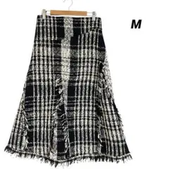 キレイめ ツイードチェック フリンジ Aラインロングスカート M 裏地付