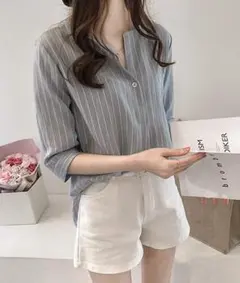 シャツ ブラウス レディース ストライプ スリット 七分袖 ライトブルーL