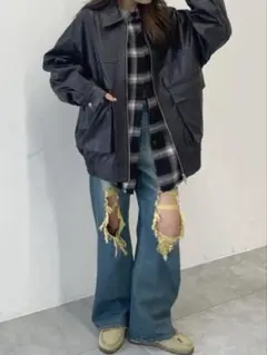 【新品タグ付】ダメージ加工 ワイドレッグデニム M ※即日発送