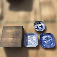 蔵出し品6中皿青白の陶器皿3枚セット