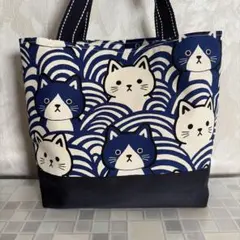 ハンドメイド　ミニバッグ　ランチバッグ【青海波猫】 青②