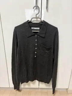 ZARA ダークグレー 長袖ポロシャツ セーター　Lサイズ