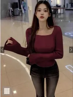 【新品】GRLスクエアネックフレアスリーブリブニット［k9153c ］Mボルドー