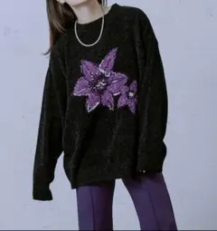 Ellno Loset ベロアモールインターシャニット L