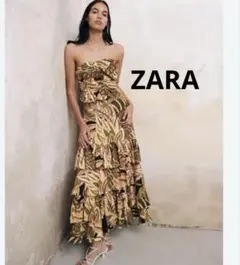 ZARAボタニカル総花柄 ティアード フレアスカート グリーンベージュ黒ロング丈のサムネイル