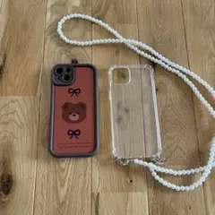 クマイラスト付きiPhoneケースセット パールショルダー チェーン