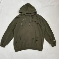 ［PUNYUS］ダメージ加工フード付きパーカー（4L~5L）カーキ　ゆったり　綿