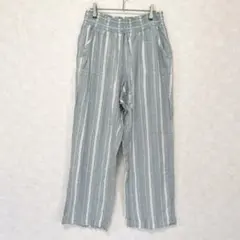 リネン混 麻 ストライプ ワイドパンツ イージーパンツ XL ブルー 水色 ゴム