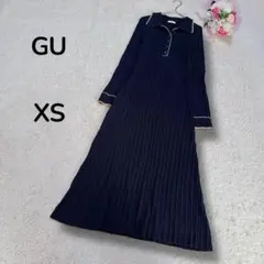 【GU ジーユー】バイカラー　リブポロニットロングワンピース　Aライン　ネイビー