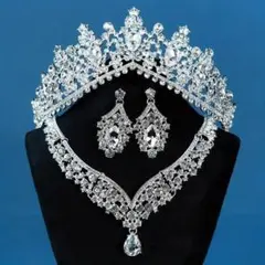 B235 3点セットラインストーンブライド クラウン ネックレスイヤリング