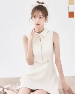 Jewels 襟付き フロントジップ フレアー ワンピースドレス ホワイト