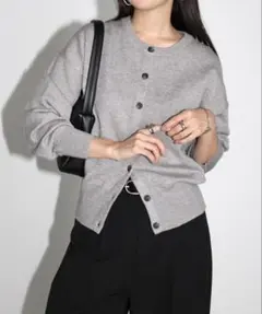 andme クルーネック無地ボーダー長袖ニットカーディガン グレー