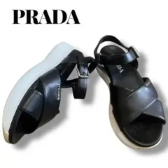 【美品】PRADA スポーツサンダル 厚底 レザー ブラック 37 ロゴ