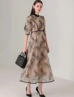 LEJA 花柄フロントバックリボンパフスリーブマーメイドロングワンピースドレス