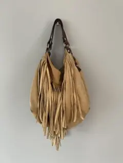 ベージュ フリンジ スエード ハンドバッグ