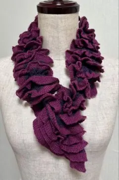 フリルデザイン ニットマフラー 紫