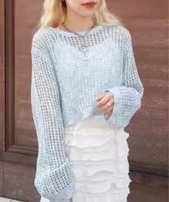 【w closet】ラメ入り透かし編みニット 青