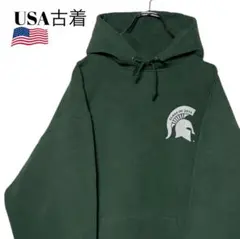 USA古着 短丈カレッジパーカー ミシガン大学 緑 L バックプリントフーディー