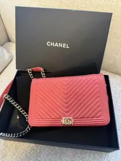 美品CHANEL オレンジ　チェーンウォレット