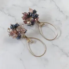 【ハンドメイドピアス】フープ☆ビーズ☆ゴールド☆パープル☆クリスタル☆フラワー⑳