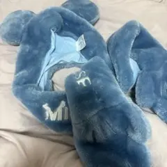 ミッキーマウス耳付きフリース帽子　ブルー　ファンキャップ　ディズニー　マフラー