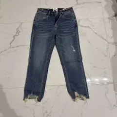 スキニーデニム ダークブルー フリンジ裾