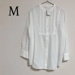 長袖シャツ チュニック パール使い ピンタック ブラウス バンドカラー M 白系