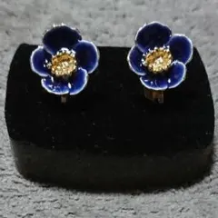 未使用  ヴィンテージ フラワー  花  イヤリング  ネイビーブルー