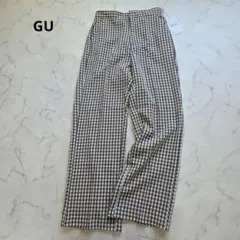 【新品】GU　ギンガムチェックストレートパンツ　ストレッチ　L　ウエストゴム　茶のサムネイル