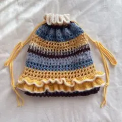 【ハンドメイド・完成品】ナップサック　リュック　バッグ　メッシュ　フリル　編み物