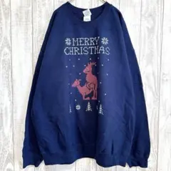 スウェット クルーネック 長袖 プリント XL 紺 綿ポリ クリスマス ゆったり
