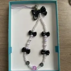 ハンドメイド 黒リボン パールストラップ