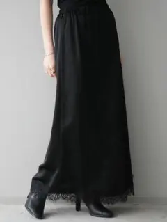 裾レースサテンナロースカート サテンレースマキシナロースカート 黒 Lumier
