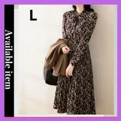 ワンピース 小花柄 リボンネック ギャザー 膝丈 長袖 レディース L