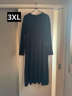 長袖リブフレアワンピース【3XL】大きいサイズ 黒ブラック