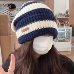 ニット帽　ネイビー　ストライプデザイン　冬　防寒具　可愛い　帽子　レディース