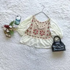 ブラウス パフスリーブ かぎ編み 花柄刺繍 M 七分袖 ガーリー フェミニン