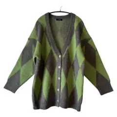 JEANASIS ジーナシス　ダイヤ柄カーディガン　グレー×グリーン