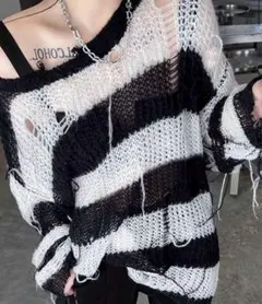 ストライプ ダメージニット 黒と白