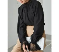 RANAN レースフリルハイネックブラウス　ブラック　Мサイズ