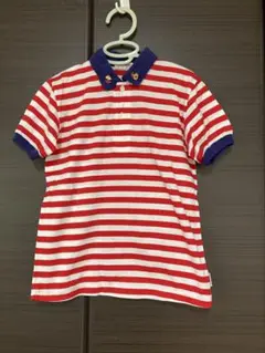 ミキハウス赤白ストライプ ネイビー襟 ポロシャツ