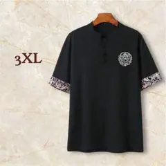 中国風のデザイン 半袖Tシャツ ブラック 刺繍入り 黒