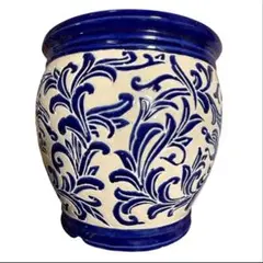 陶器 火鉢 藍色 幾何学模様 伝統工芸 陶器 火鉢 藍色 幾何学模様 鉢カバー染付文様の陶器火鉢 和モダン