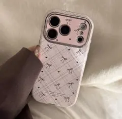 iPhone17pro ケース リボン チェック柄 ピンク