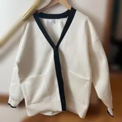 GLOBAL WORK バイカラーカーディガン ホワイト ブラック M オーバー