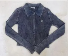 リブ編みグレー長袖セーター M 上下ジッパー Y2K